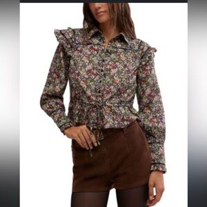 NWT Free People Daybreak Floral Print‎ Long Sleeve Shirt Ruffle Details Large